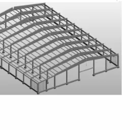 Wizualizacja 3D konstrukcji stalowej hali z elementami drewnianymi, ukazująca szkielet budynku z widocznymi słupami, wiązarami dachowymi i panelami bocznymi.